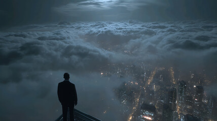 Fototapeta premium An human high-level investor standing before a critical decision point, years of accumulated businesses, investments and achievements, atmosphere of responsibility, pressure and high-stakes judgment