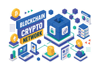 Fototapeta premium Blockchain Crypto Network , oversized blockchain cube with bold geometric depth, floating coin blocks and connected ledger platforms, asymmetric editorial layout, electric blue and soft purple with