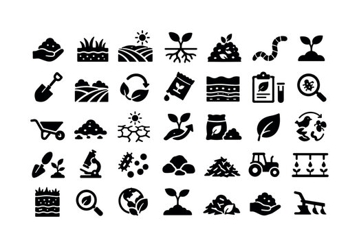 Soil Ground Field. Solid glyph icon set of Soil, ground, farming, roots, compost, worms, plants, shovel, field, ecology, seeds, layers, soil test, biology, agriculture tools, dirt, drought, growth,