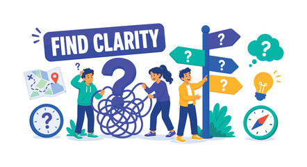Fototapeta premium Confusion Uncertainty Help Banner with 3 expressive stylized human characters untangling an oversized question knot and giant unclear signpost, small lost map, hesitation clock, ambiguity cloud, light