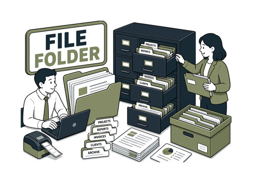 Folder Directory Files banner showing two office workers around an oversized folder and giant directory cabinet, file tabs, document stack, laptop, archive box, and label maker filling all edges, bold