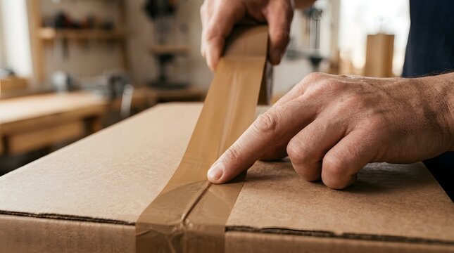 Cardboard box is sealed shut by a person applying brown adhesive tape in a bright workshop setting with visible textures.