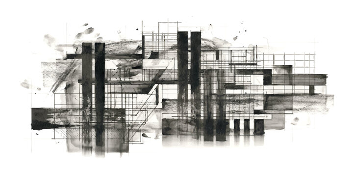 Abstract architectural sketch with black ink lines and geometric building structures