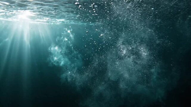 Underwater light rays shine through dark stormy ocean in seamless format