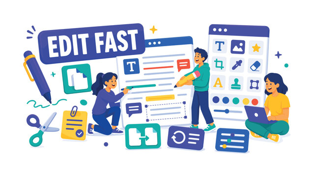Edit Tool Creation Banner with 3 expressive stylized human characters editing an oversized document and giant creative tool panel, small pen, scissors, duplicate cards, revision note, and adjustment