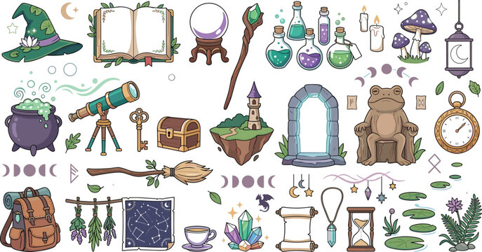 Magic Wizard and Witchcraft Fantasy Vector Icon Set Featuring Frog King Cauldrons Spellbook Crystal Ball Floating Island and Alchemy Potions