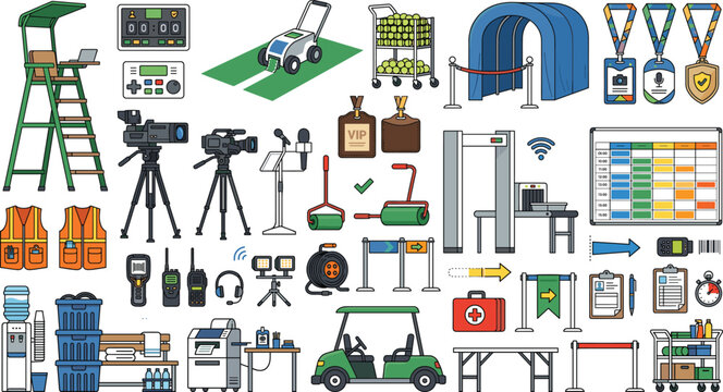 Professional Tennis Tournament Management and Stadium Event Operations Vector Icon Set Featuring Umpire Chair Broadcast Cameras Security Gate Golf Cart and Staff Equipment