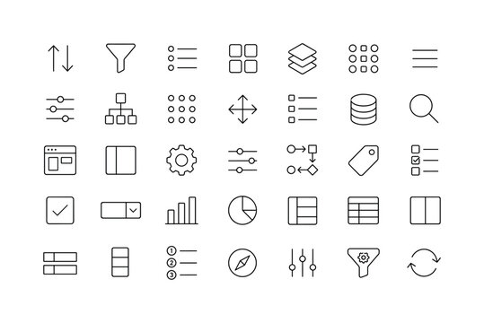 Sorting Filtering Icon Set. Line icon set of sorting filtering: sort, filter, list, category, arrange, organize, reorder, align, grid, menu, data, search, UI, interface, settings, control, workflow,