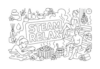 Obraz premium Spa Sauna Relaxation Icons. Clean one-line drawing composition with sauna steam, hot stones, towel, relaxation scene across canvas, 2?3 characters, oversized steam cloud and bench, small wellness