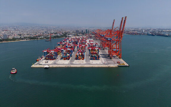 Panoramic View of Mersin Port Container Terminal on the Mediterranean Coast of Turkey Showing Logistics Infrastructure and Cargo Operations