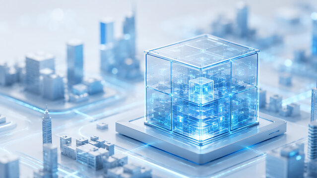 Transparent data cube over smart city, glowing server core, cloud computing, AI infrastructure, edge data center and digital technology innovation concept.
