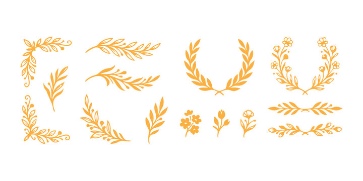 Set of hand drawn autumn leaf wreaths and decorative borders for seasonal design projects