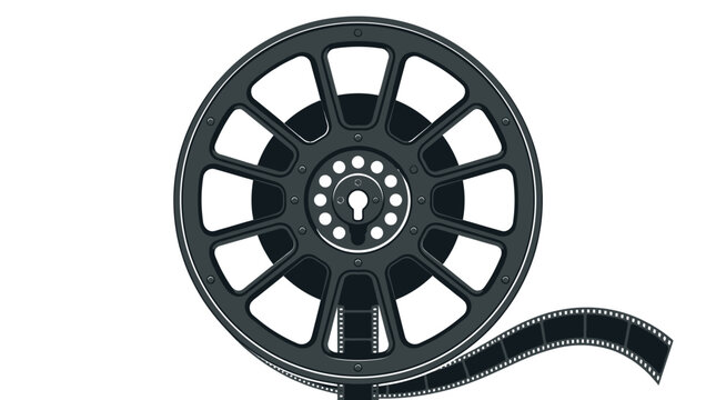 A detailed black film reel with metallic texture and attached strip isolated on white background
