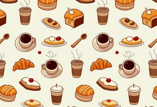 Seamless pattern of coffee shop icons &mdash; croissants, mugs, pastries