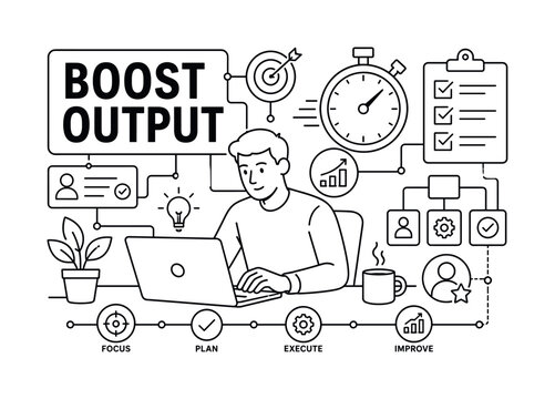 Human Productivity Focus Efficiency. Human productivity focus efficiency workflow Banner Human Productivity Focus Efficiency clean editorial composition with focused worker, timer, checklist, headline