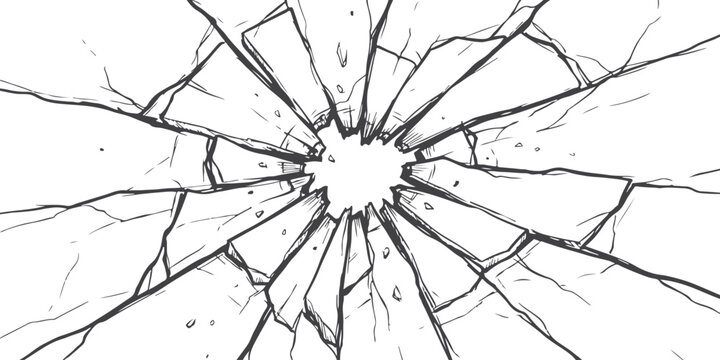 Broken glass texture with cracks and shattered pieces in black and white sketch style