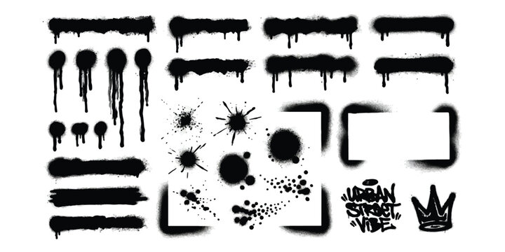 Set of black spray paint graffiti strokes drips splatters and urban street art design elements