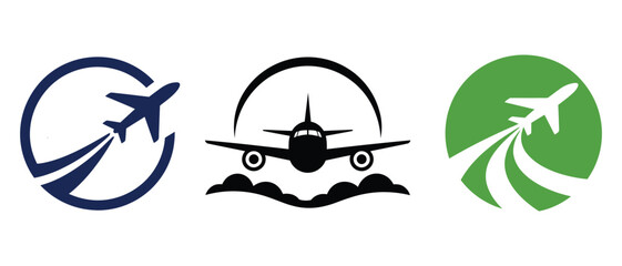 Set of minimalist airplane travel icons and aviation vector emblems with airplane aviation logotype transportation silhouette minimalist vacation aircraft aerospace business © Romzain