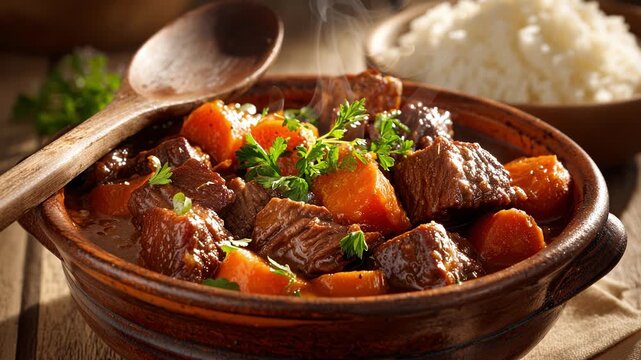 Close up of steaming beef stew with carrots and parsley in a bowl on wooden table