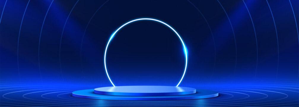 Blue podium with glowing neon circle light.