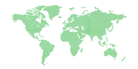 Digital dotted world map illustration with green and blue circular pixel shapes ©  creative  marlia