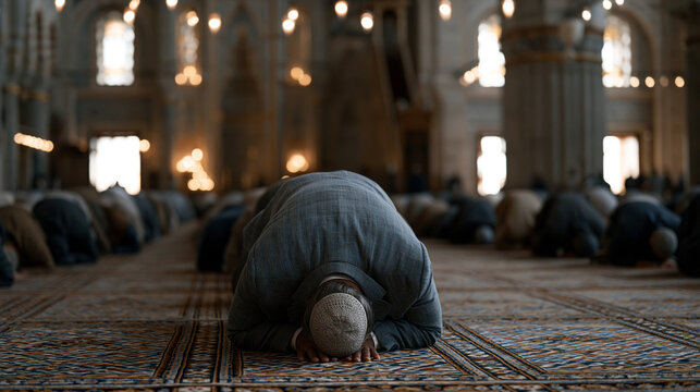 Rows of worshippers performing Friday prayers inside an ornate mosque, foreheads pressed to geometric patterned carpets, the mihrab casting a focused glow while afternoon light