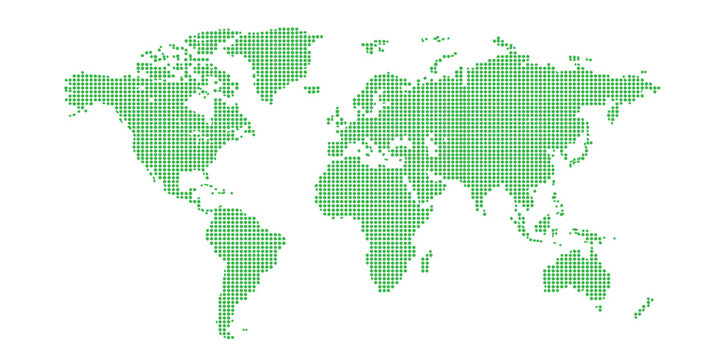 Digital dotted world map illustration with green and blue circular pixel shapes