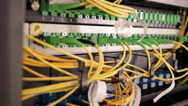 Network cables tangled connected to an internet modem showing messy server communication wiring infrastructure in 4K Ultra HD footage.
