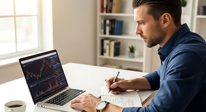 Man working on laptop and writing notes