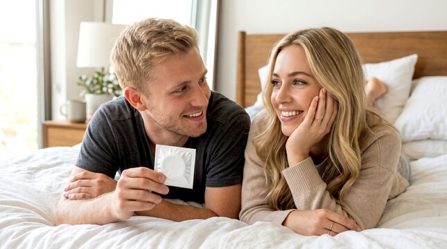 A happy young couple lying together in a cozy, bright bed, with the smiling man holding a packaged condom in his hand