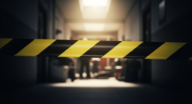 Yellow and black caution tape blocks a dark corridor, hinting at a restricted area and urgent situation with blurred figures in the background.