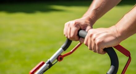 Obraz premium Close-up of hands gripping lawn mower handle on sunny green lawn, symbolizing home care and outdoor chores