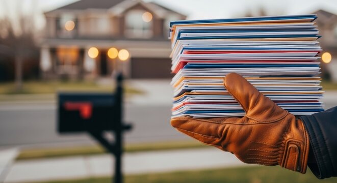 Mail carrier's gloved hand holding a large stack of colorful mail envelopes near a suburban mailbox and house