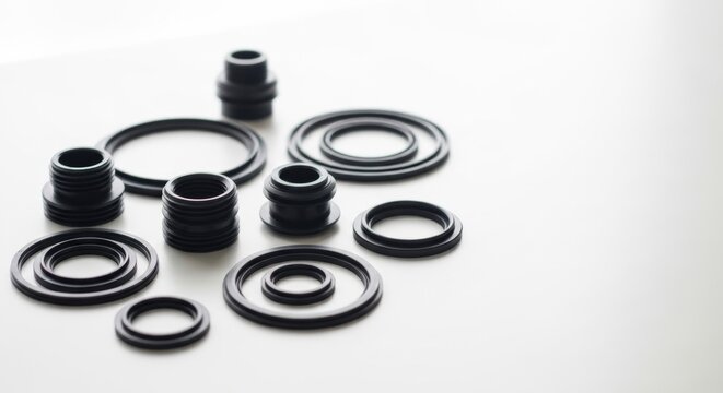 Assorted Black Rubber Gaskets and Seals Arranged on a Clean White Surface with Soft Lighting