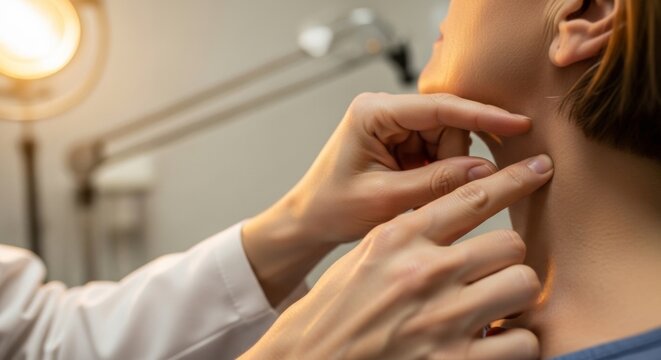 Doctor examines patient's neck for swollen lymph nodes, focusing on health and care in a warm, clinical setting.