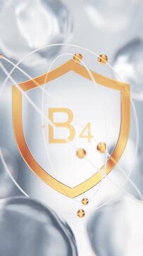 Choline Vitamin B4 golden shield symbol in 3D animation. Brain health and phospholipid molecular structure background with transparent liquid cells for scientific video