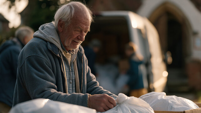 Congregation members loading a rented van with donated clothing bags outside a modest church on a cold morning, one elder offering a brief spoken blessing over the supplies, faith