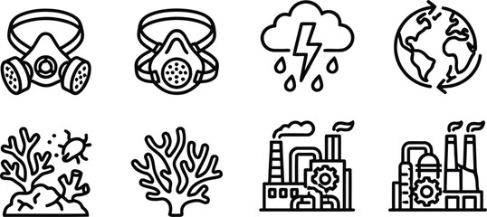 Obraz premium Environmental pollution icons with gas masks and factories