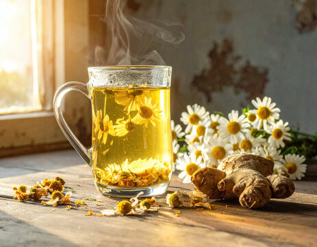 Steaming hot chamomile ginger herbal tea in a glass mug with dried flowers and ginger root on a wooden surface