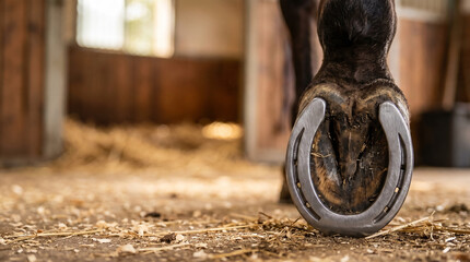 Obraz premium A close-up, low-angle shot of a horse's hoof with a freshly applied horseshoe, celebrating National Farriers Week and the importance of equine care