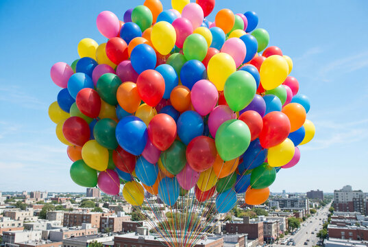 Large bunch of colorful balloons flying over a city skyline