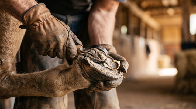 A skilled farrier meticulously works on a horse's hoof, showcasing the vital craft and dedication honored nationwide during National Farriers Week, ensuring animal well-being