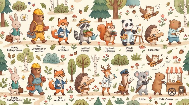 Cute anthro animals: artist, farmer, doctor, builder jobs in a forest