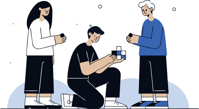 Three People Team Solving Puzzle with Rubik Cube Teamwork Flat Vector Illustration