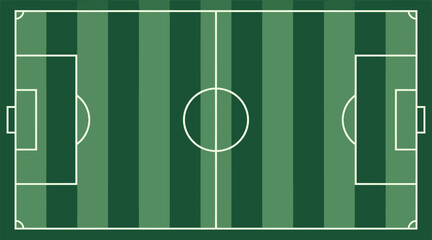 Detailed flat vector illustration of a professional green soccer field with white markings and stripes © Taiwo