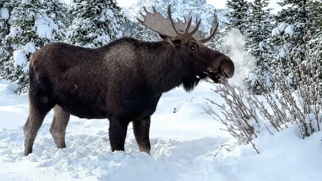 Bull moose searches for food in snow covered forest in winter season