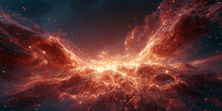 A massive abstract cinematic composition of swirling molten clouds and fiery embers, representing a cosmic birth or a powerful solar event in a distant galaxy.