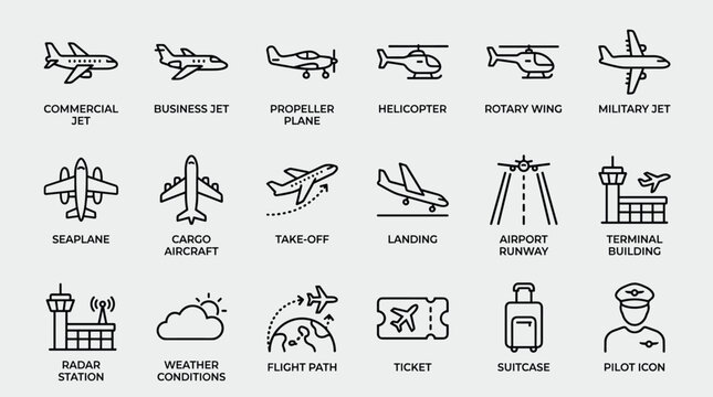 Aviation icons set featuring commercial jet business airplane propeller plane helicopter rotary wing military jet seaplane cargo aircraft takeoff landing airport runway terminal.