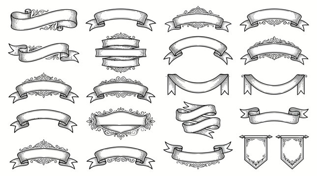 Collection of decorative vintage ribbon banners with ornate flourishes and scrollwork elements