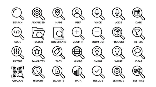 Collection of search and analysis related icons representing various search functionalities and tools for digital interfaces and presentations.
